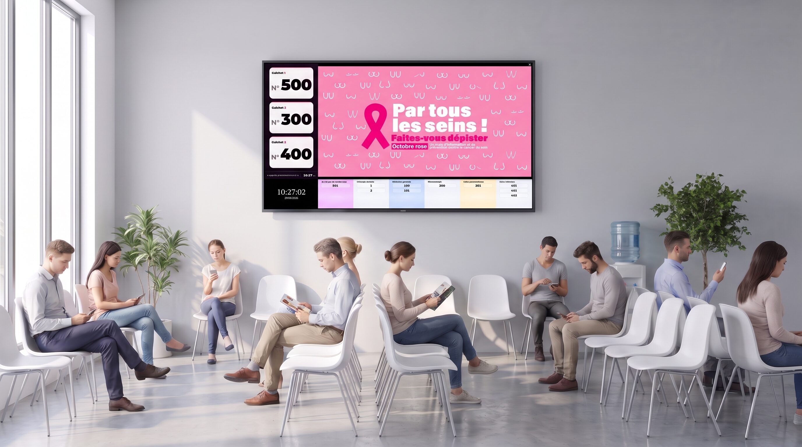 Salle d’attente équipée d’un écran EMITY affichant les numéros de tickets appelés par guichet