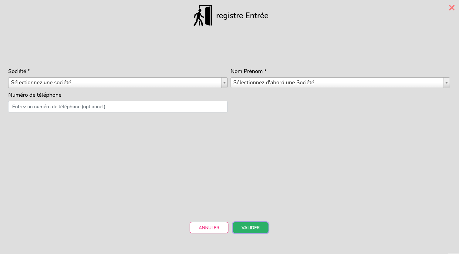 Saisie côté visiteur EMITY - registre d'accueil avec champs société, nom et numéro de téléphone