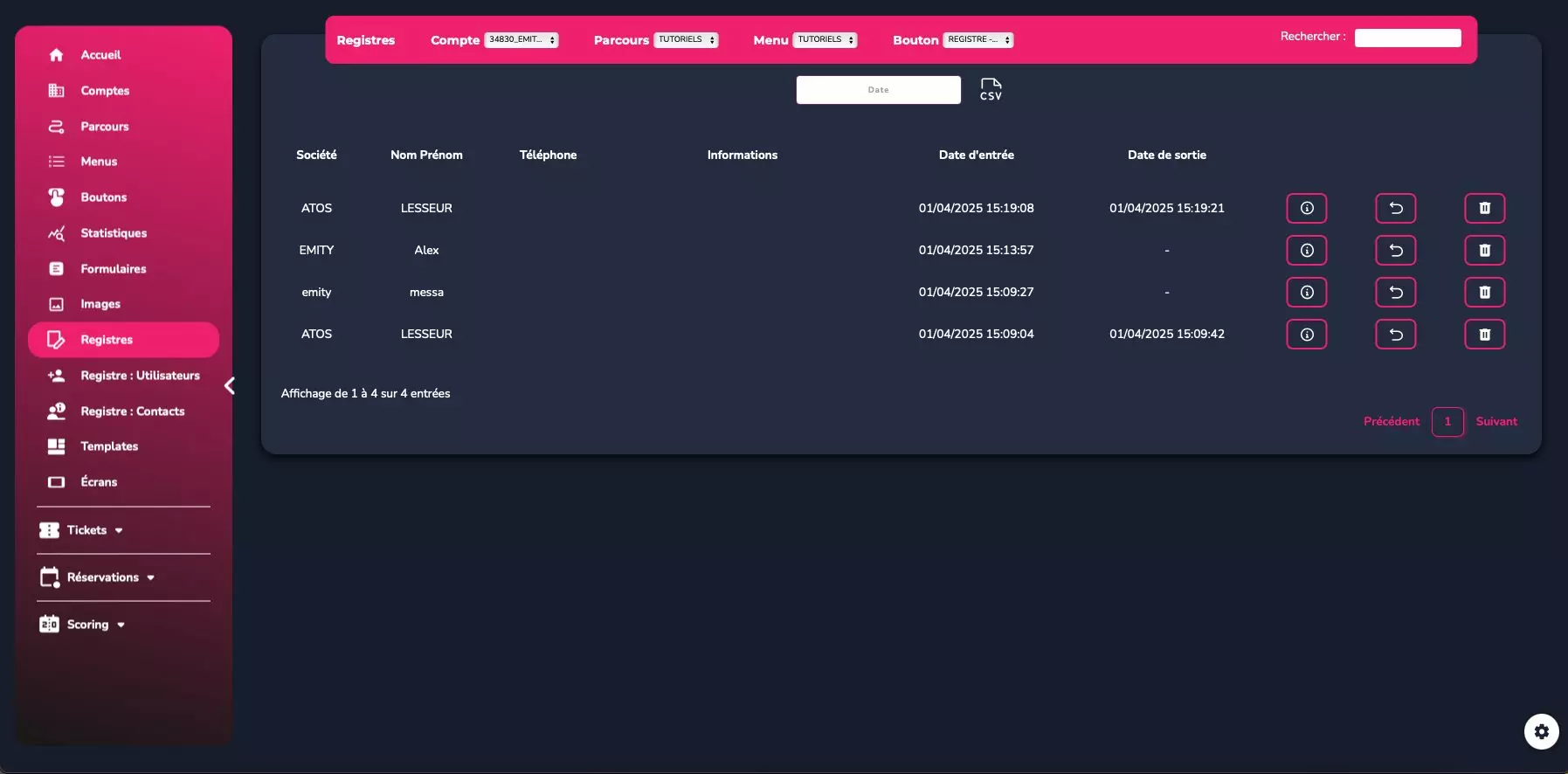 Tableau de bord administrateur EMITY E-CLICK - vue complète des entrées et sorties, exports CSV, gestion temps réel