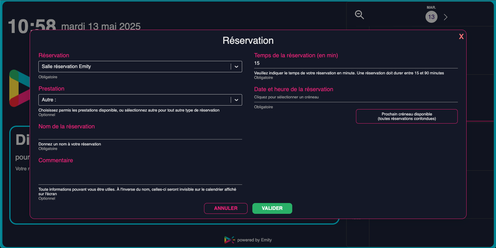 Interface d'ajout d'une réservation de salle dans EMITY