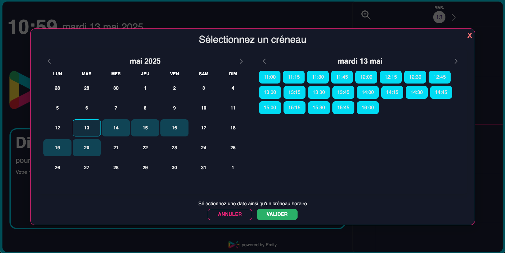 Vue calendrier d'une salle de réunion dans EMITY pour la sélection d'un créneau