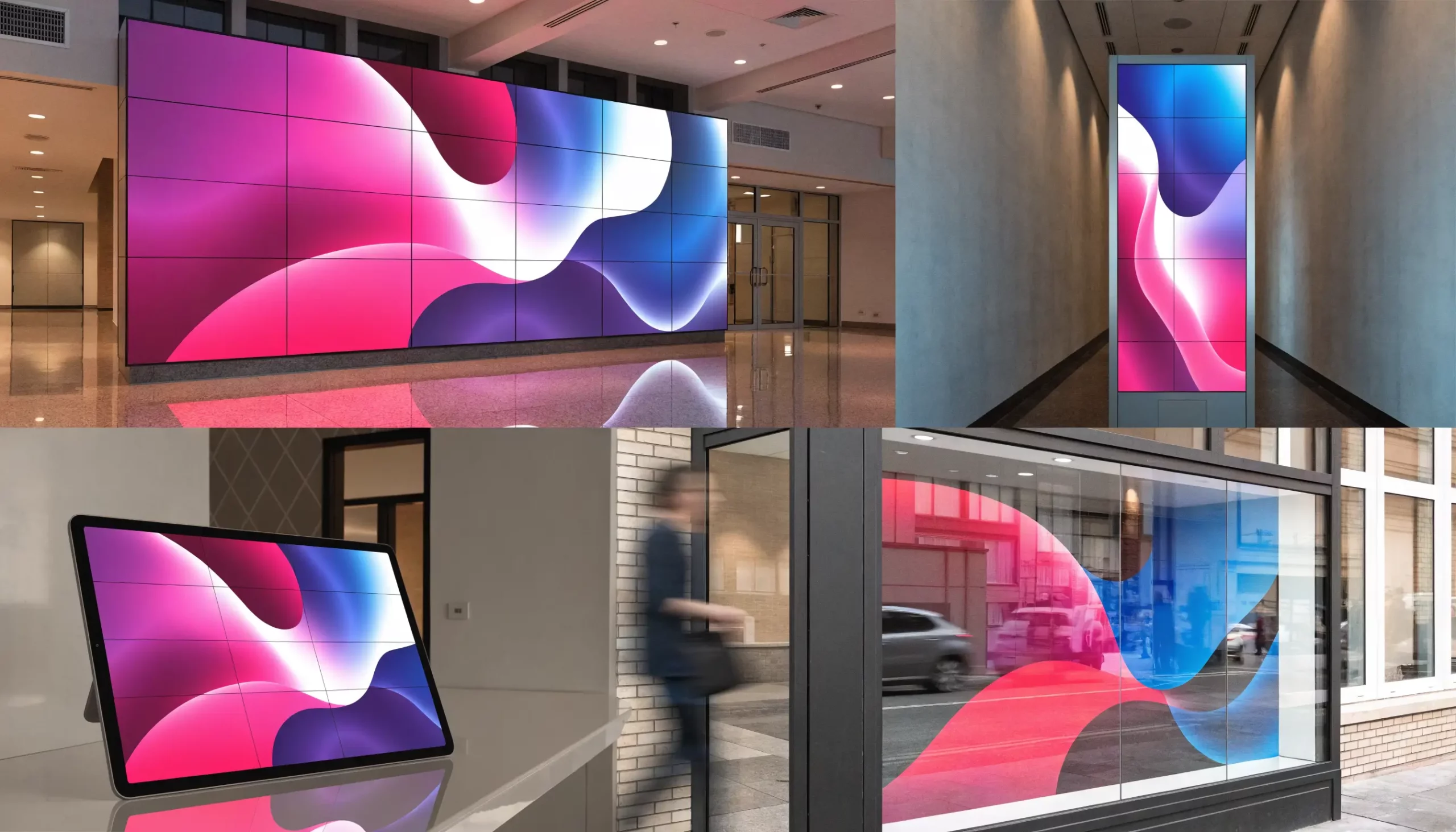 Affichage dynamique toutes marques et tous formats d’écrans Digital signage on a video wall, a totem, a tablet and a window display