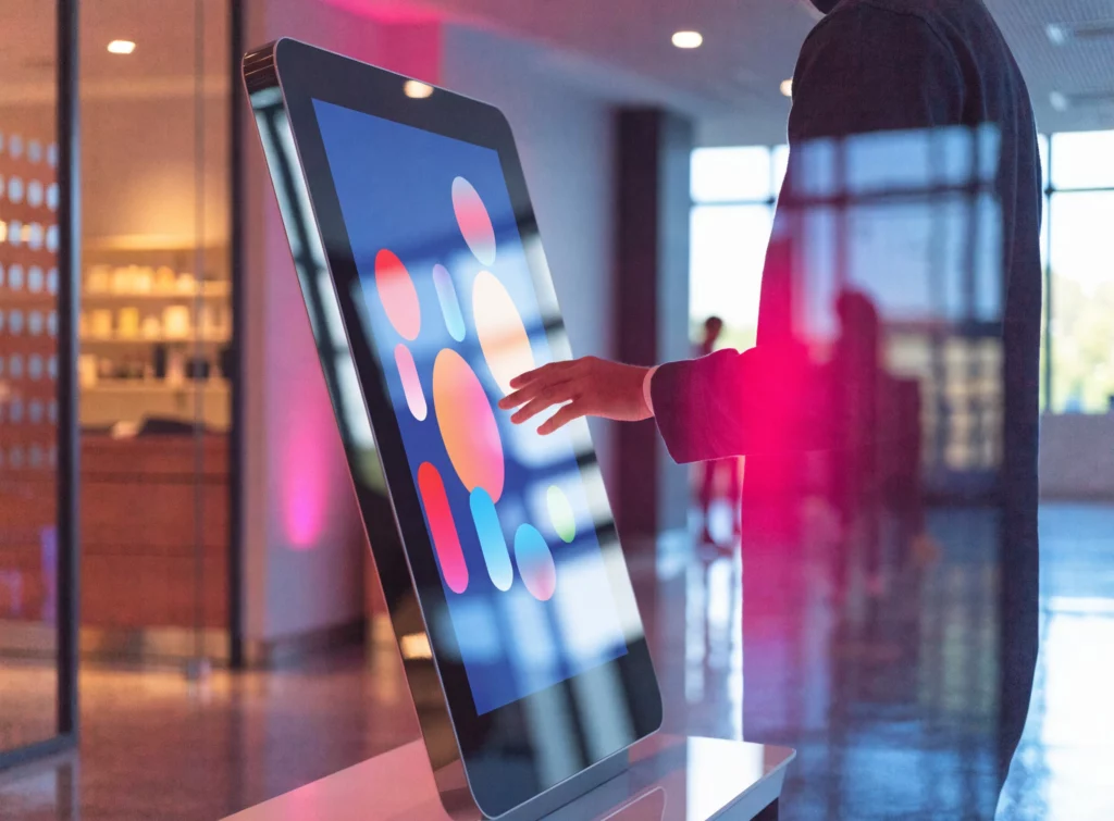 Interactive kiosk menu in a hotel lobby