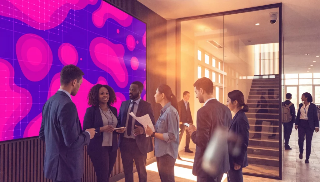 EMITY customers: professionals from various sectors in front of a digital signage video wall