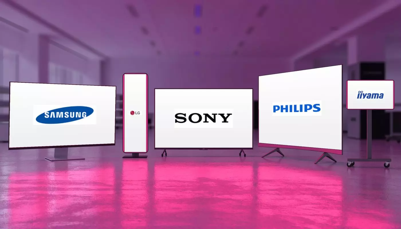 Professional screens showing the brands EMITY supports: Samsung, LG, Sony, Philips, iiyama
