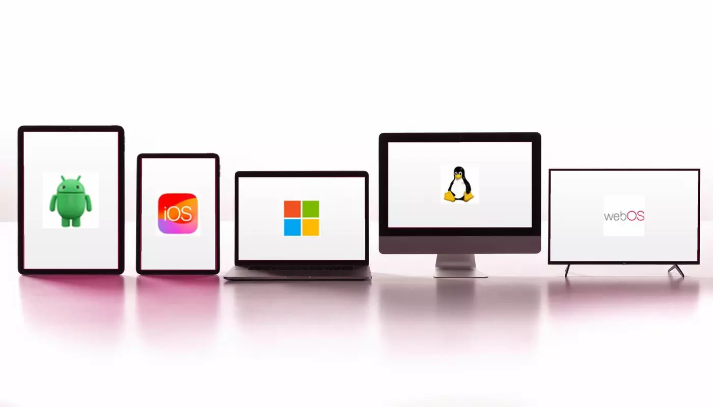 Devices showing the operating systems EMITY supports: Android, iOS, Windows, Linux, webOS