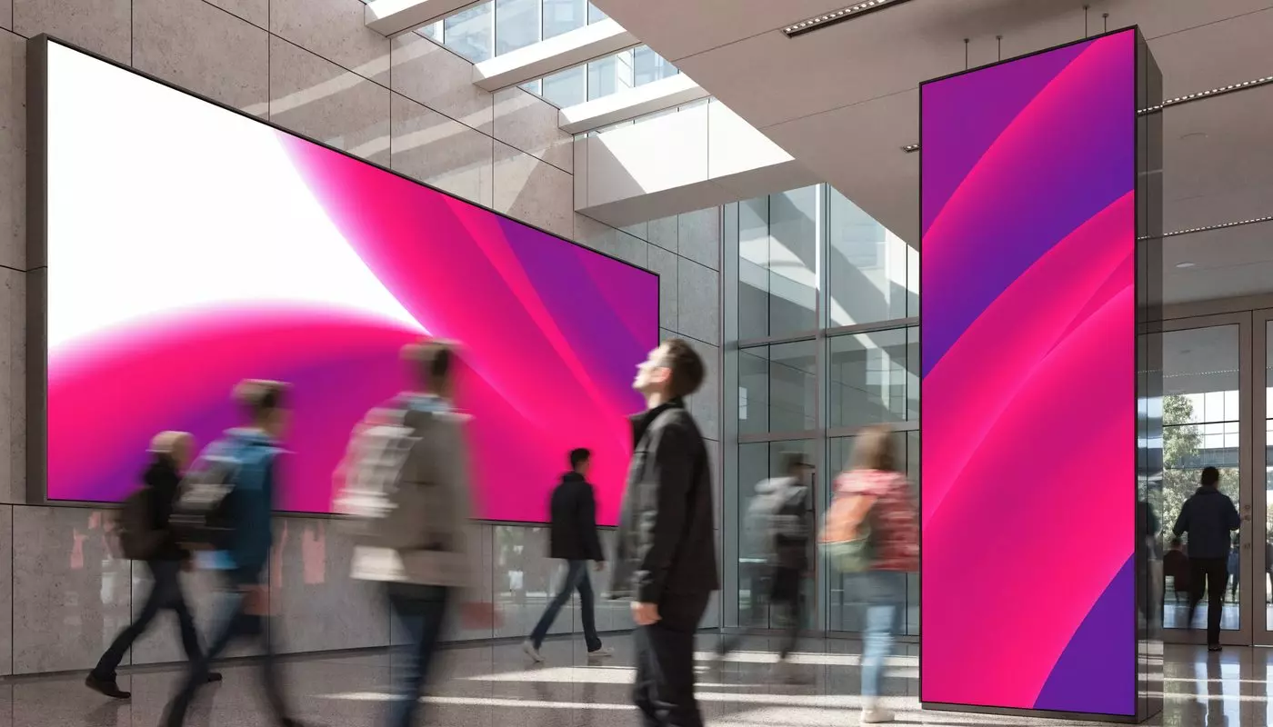 EMITY digital display: an LED video wall and a totem in a public lobby