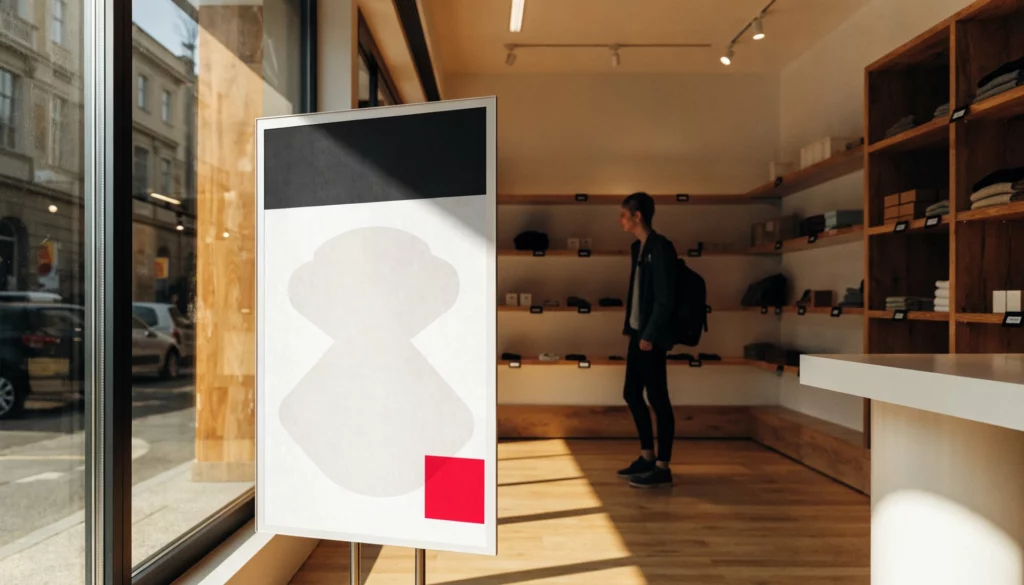 A free-standing e-paper screen in a sunlit shop window, perfectly readable in broad daylight