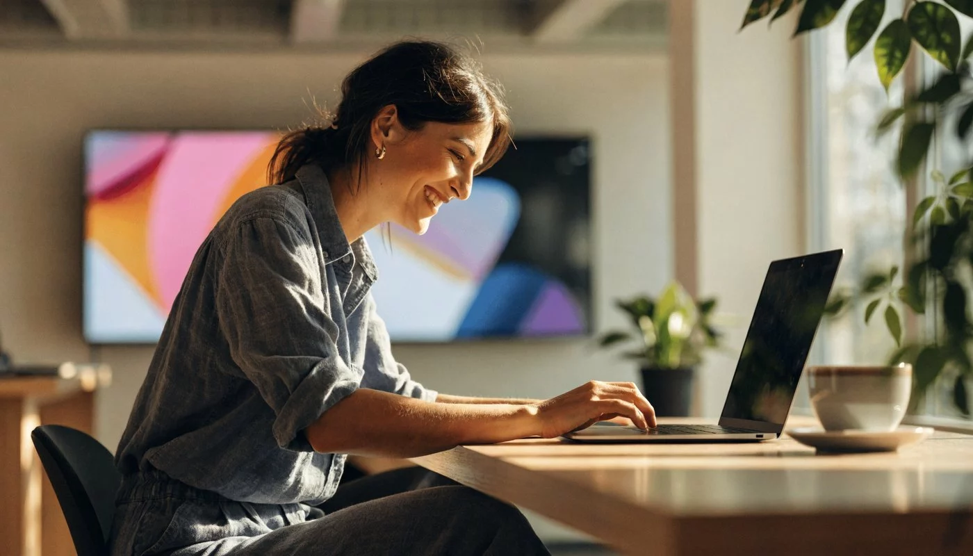 User discovering the EMITY platform on her laptop, wall screen showing colourful content in the background