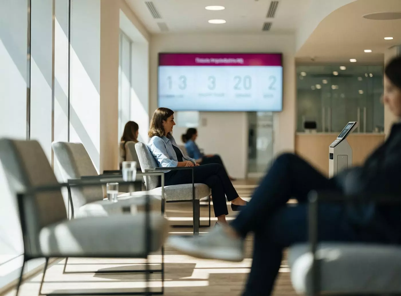 Salle d’attente médicale avec écran d’appel des tickets et borne de prise de ticket