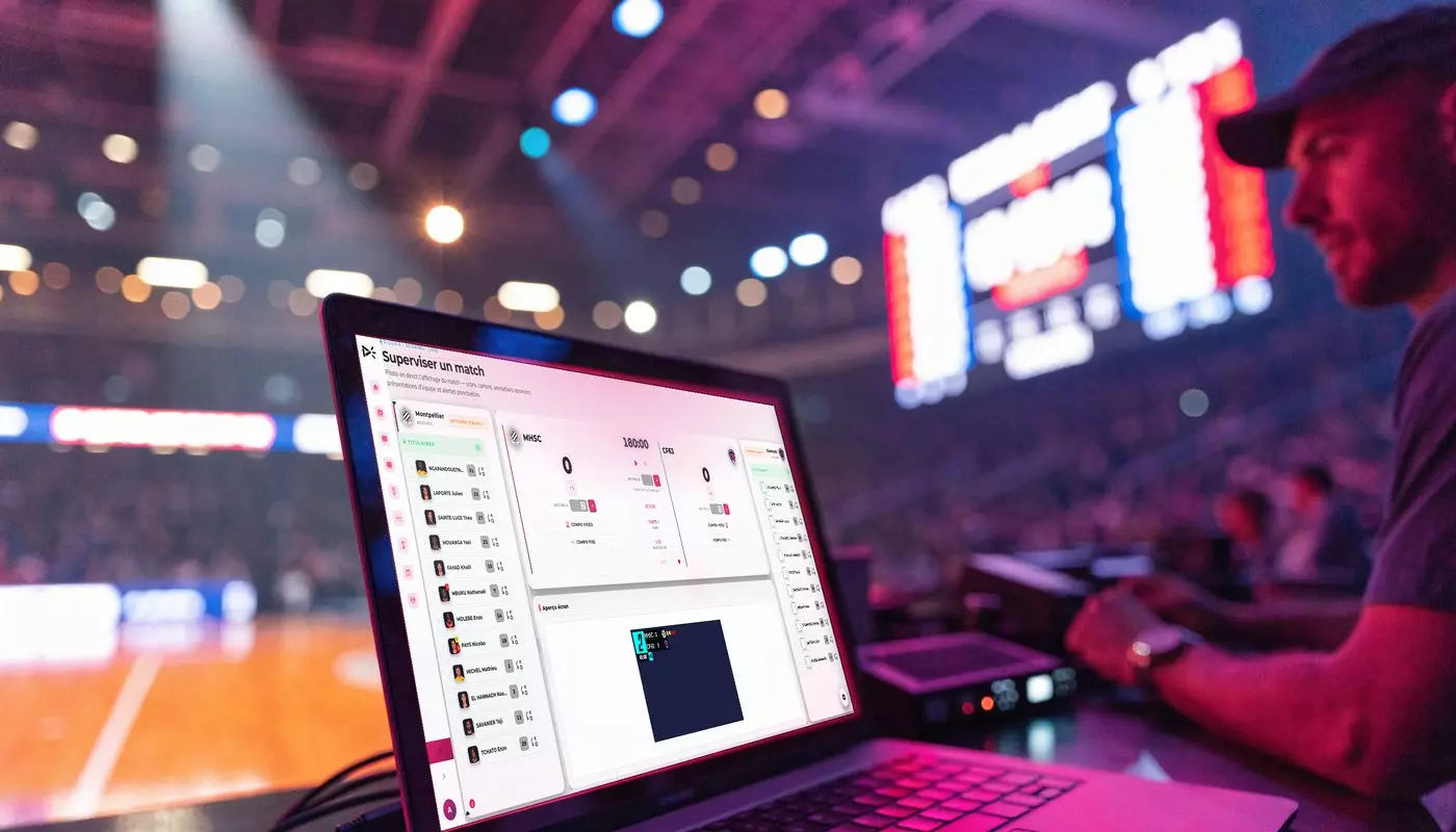 EMITY sports scoring software to supervise a match, shown on a laptop in the control room