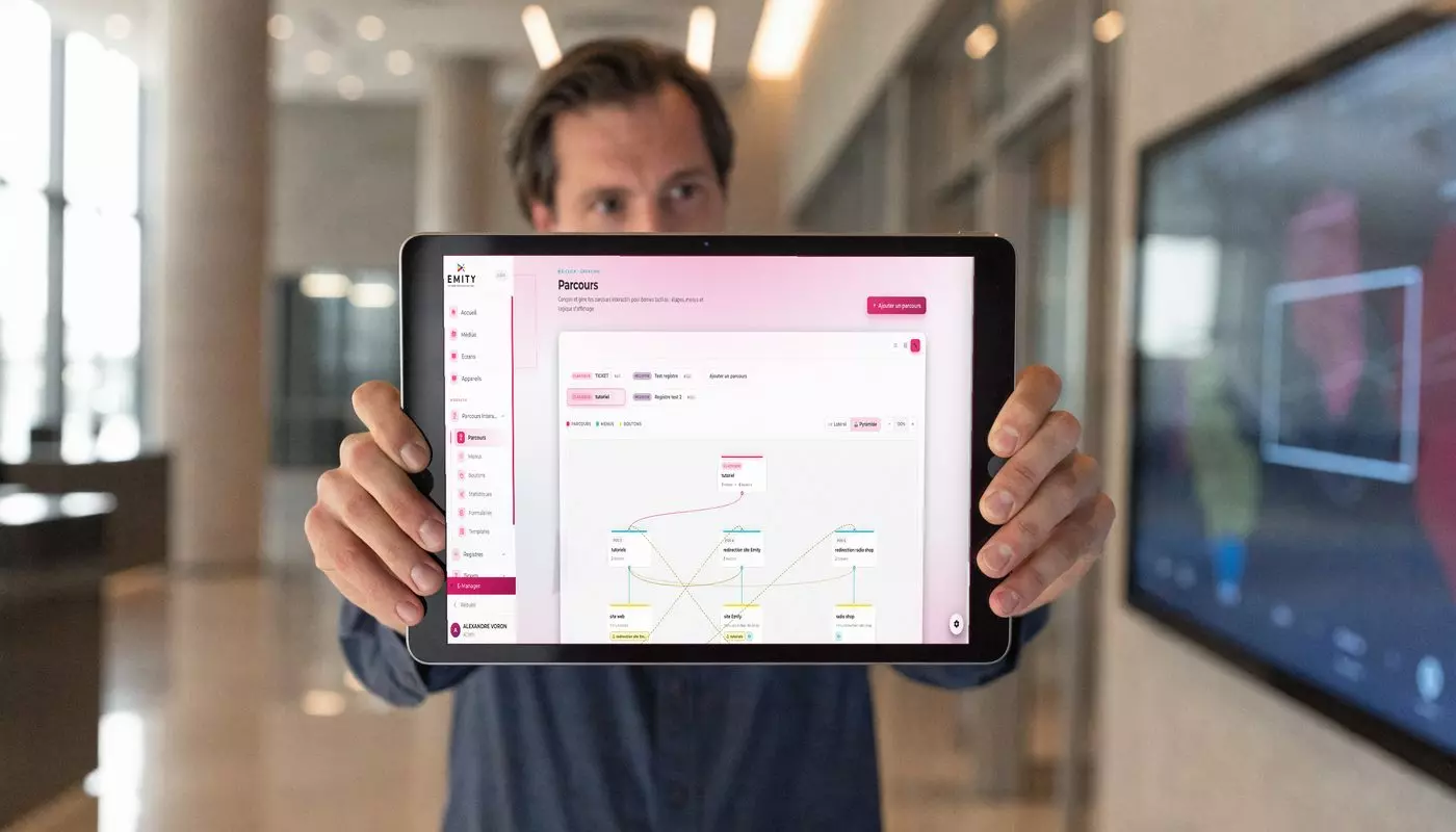 The EMITY interactive journey editor shown on a tablet