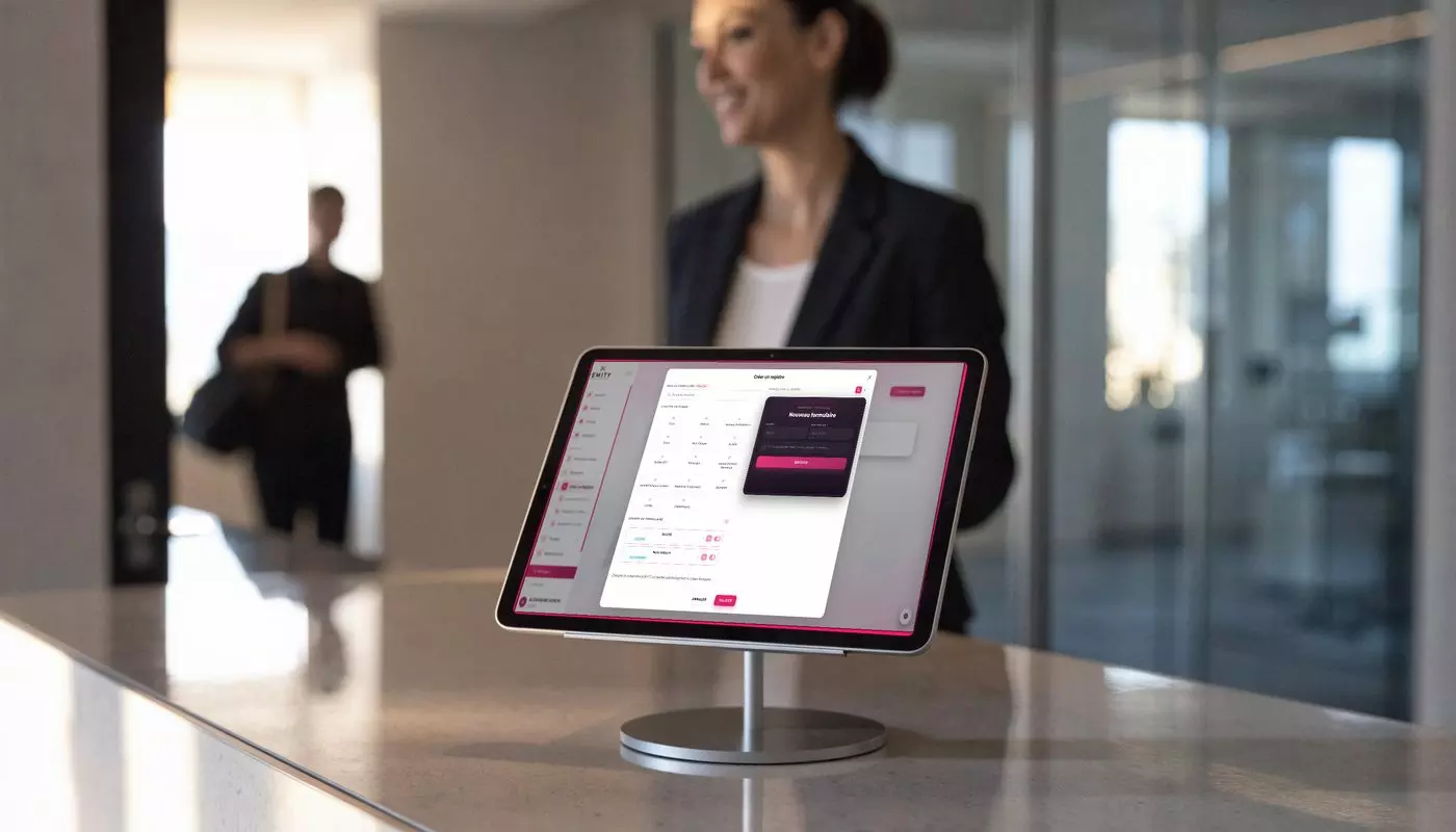 The EMITY visitor check-in and check-out log on a reception tablet