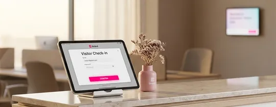 Tablette d&rsquo;enregistrement des visiteurs sur un comptoir d&rsquo;accueil