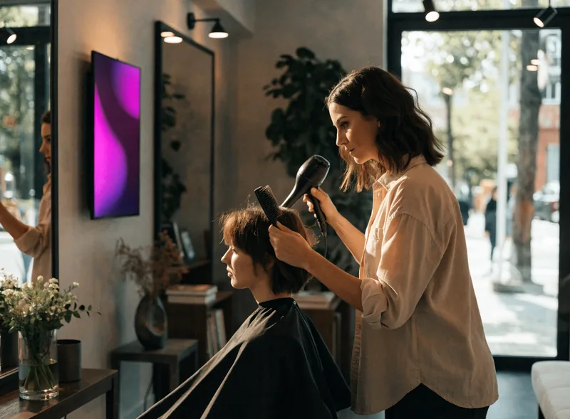&Eacute;cran d&rsquo;affichage dynamique dans un salon de coiffure, vu depuis le poste de coiffage