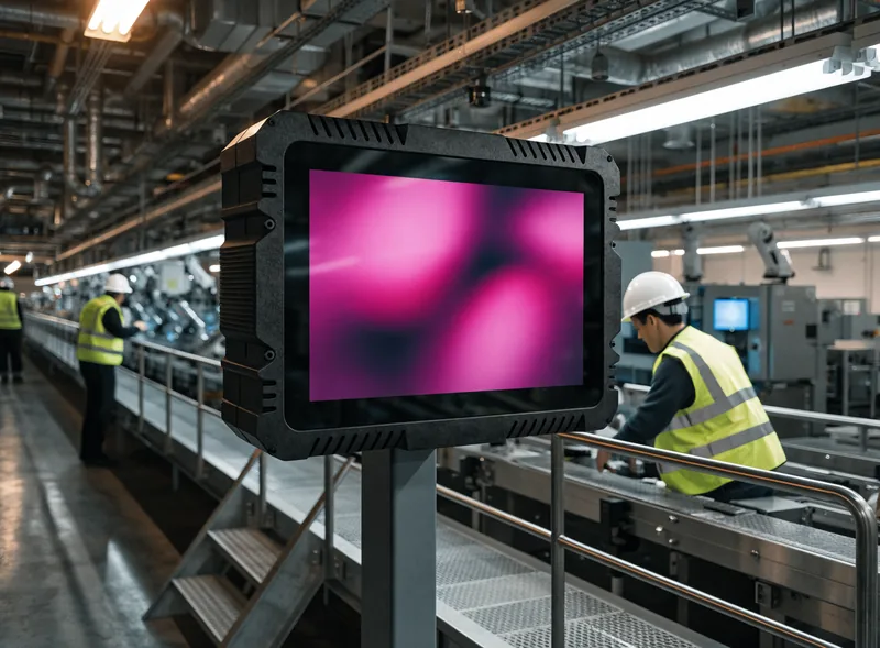 Écran industriel affichant les indicateurs de production dans un atelier