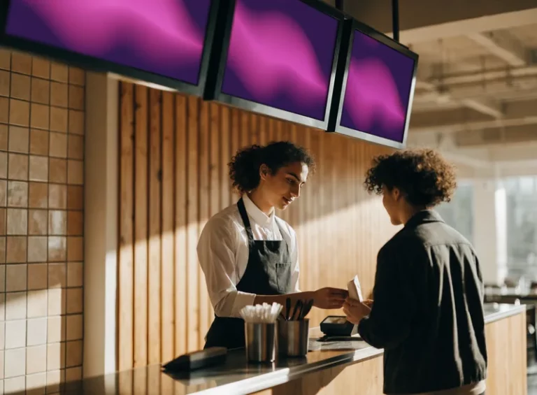 Three digital menu screens lined up above a restaurant counter during service