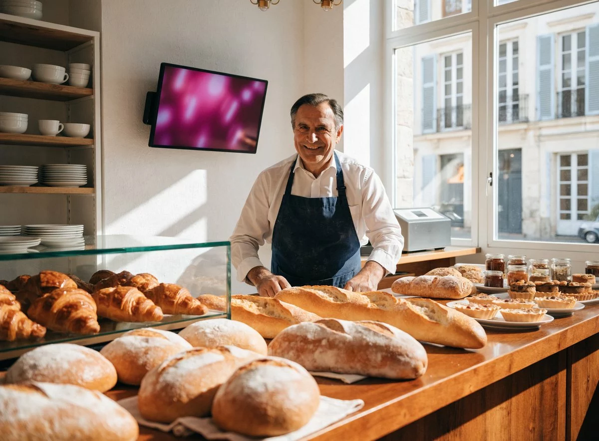 Écran de menu numérique dans une boulangerie artisanale