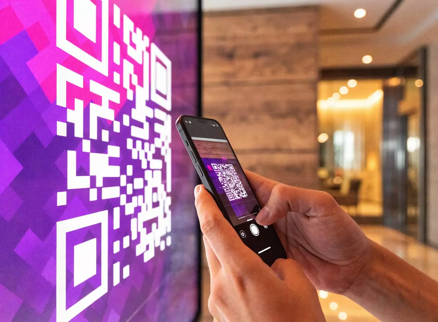 Visiteur scannant avec son smartphone le code QR d’un sondage affiché sur un écran