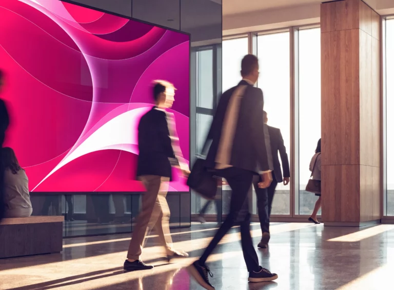 Affichage dynamique EMITY sur grand &eacute;cran dans un hall d&rsquo;entreprise