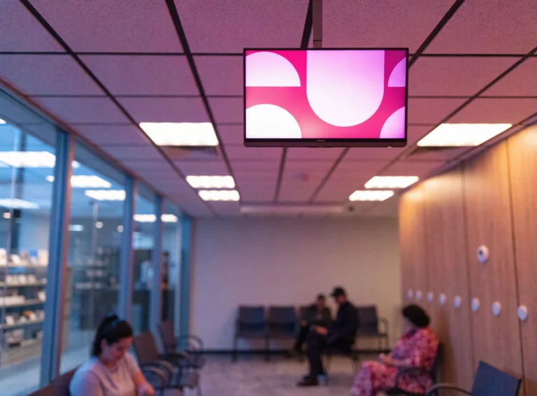 &Eacute;cran de gestion de file d&rsquo;attente EMITY dans une salle d&rsquo;attente