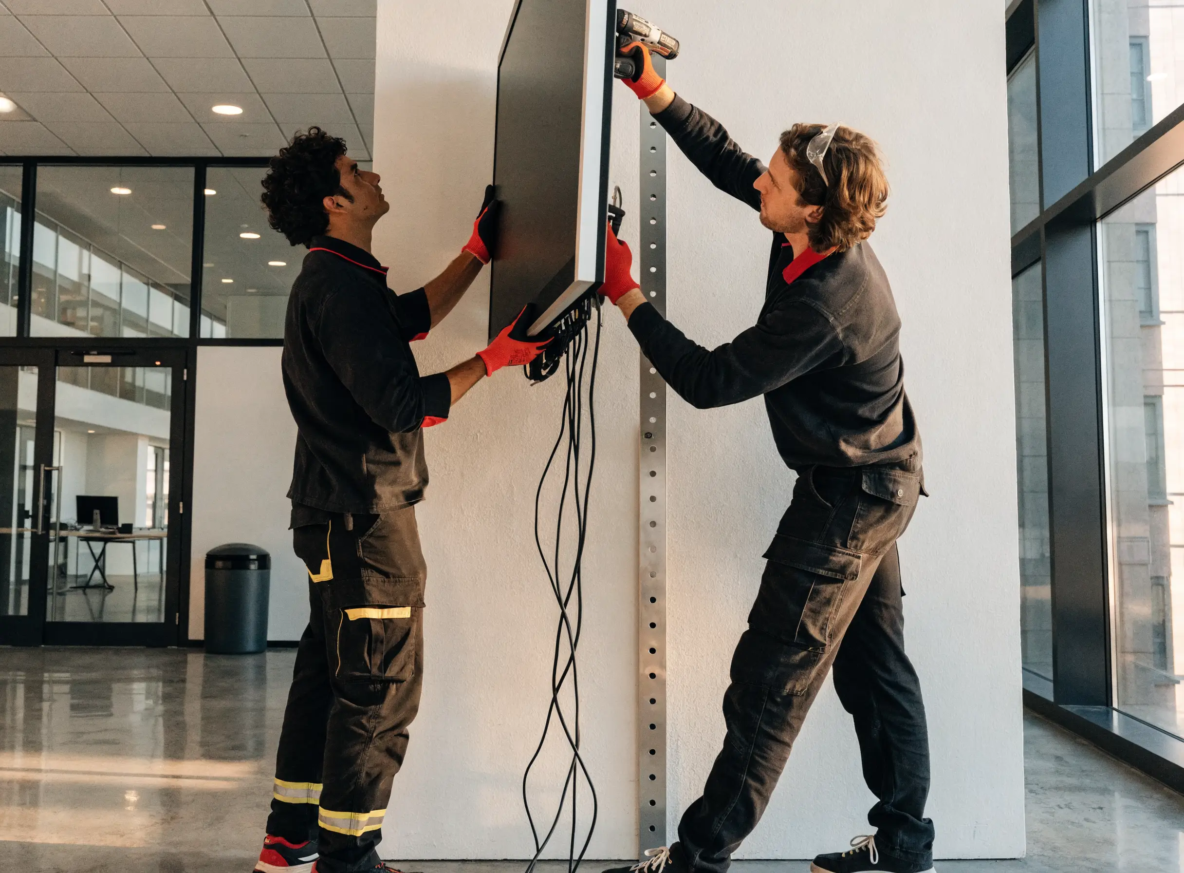 Two installers fixing a professional screen to the wall of a company lobby