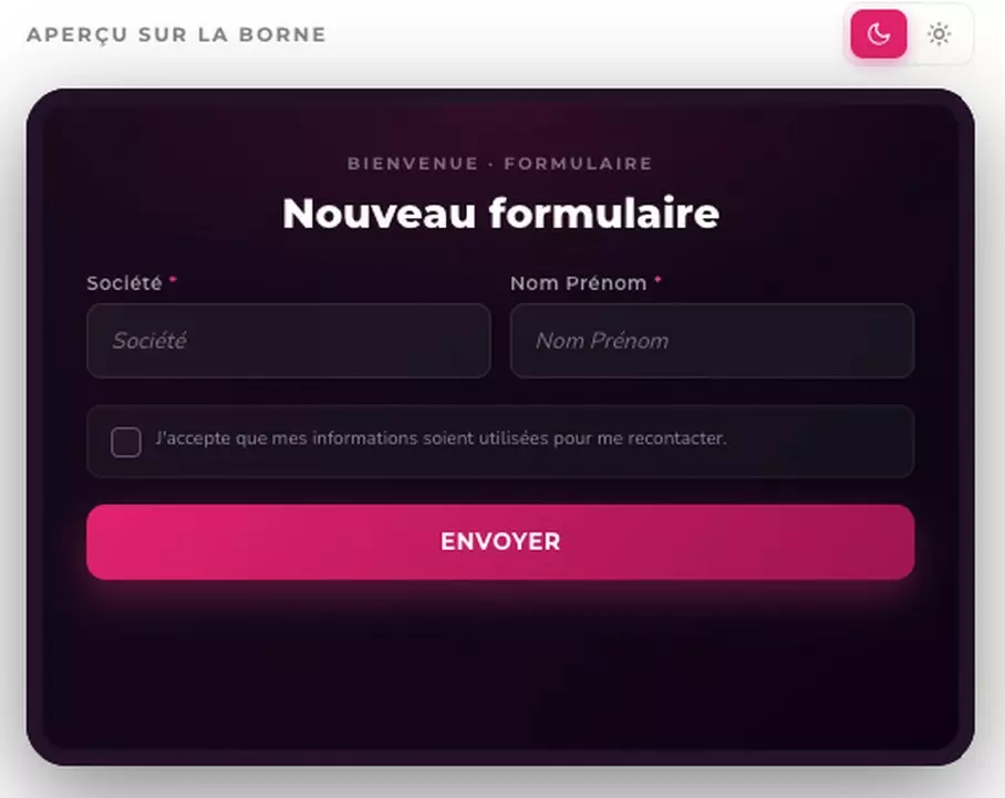 Formulaire du registre visiteurs affiché sur la borne : société, nom et prénom, consentement RGPD et bouton d’envoi