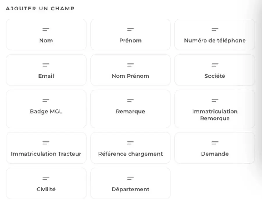 Champs disponibles pour composer le registre : nom, prénom, société, téléphone, immatriculation, référence de chargement