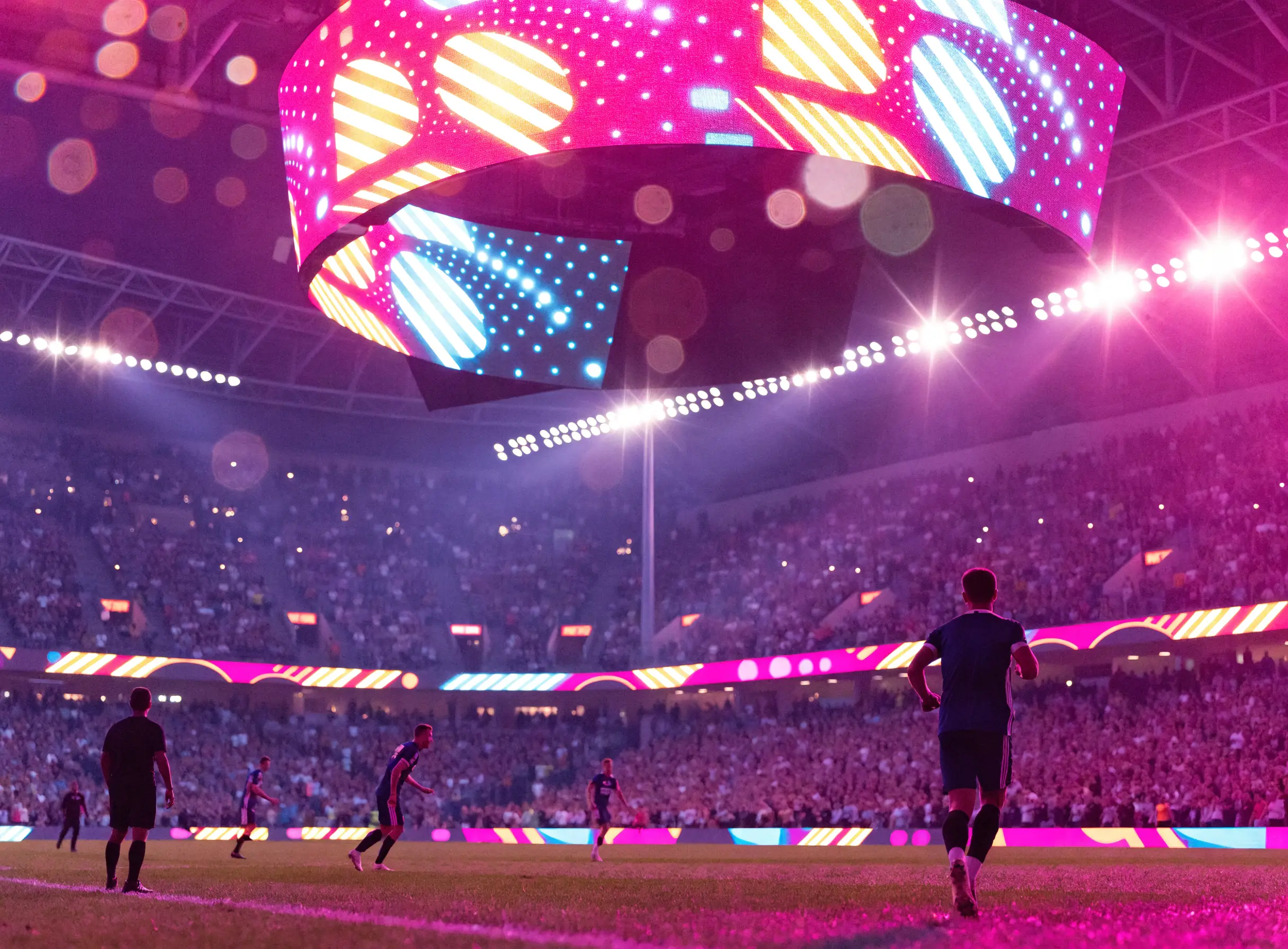 Écran géant de stade diffusant sponsors et animations pendant la rencontre