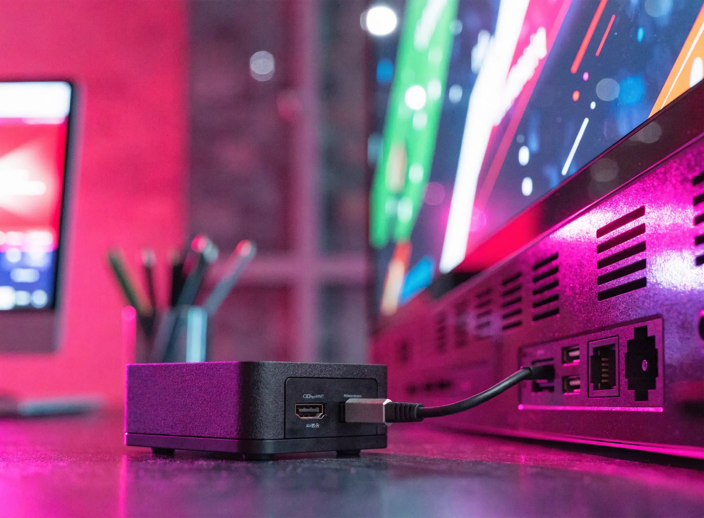 Player E-BOX EMITY branché en HDMI à l’arrière d’un écran existant