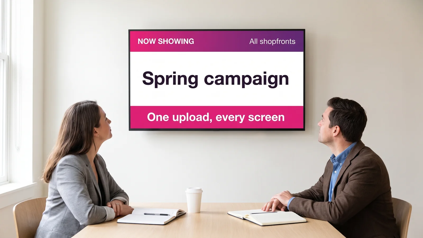Two people from a communication agency looking at a screen showing a campaign on air