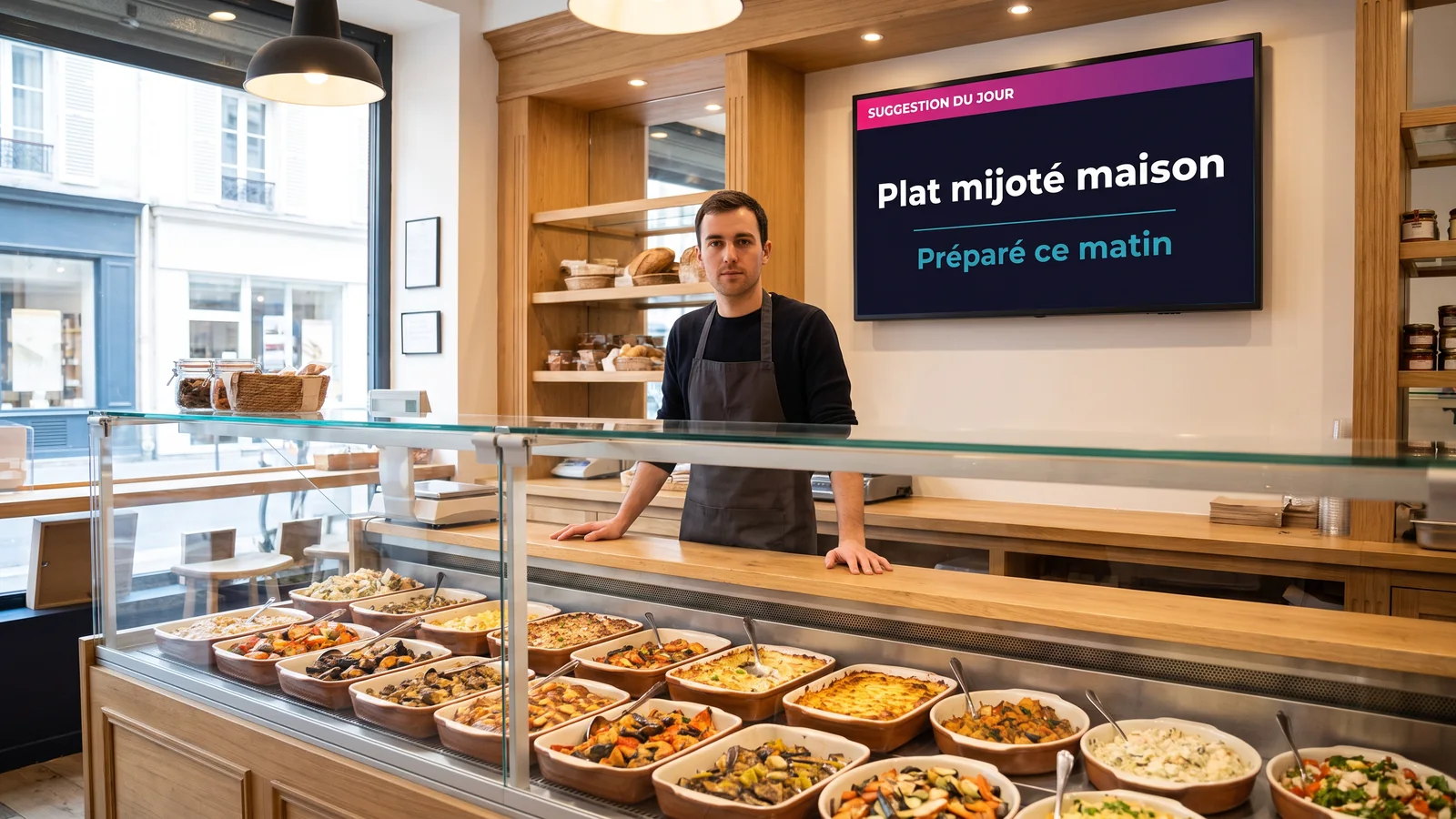 Écran affichant la suggestion du jour au-dessus du comptoir d'un commerce alimentaire