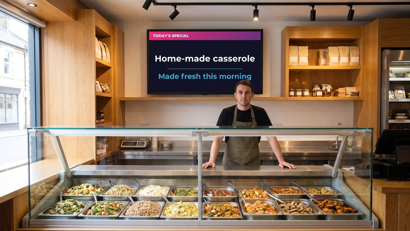 Screen showing today's special above the counter of a food shop