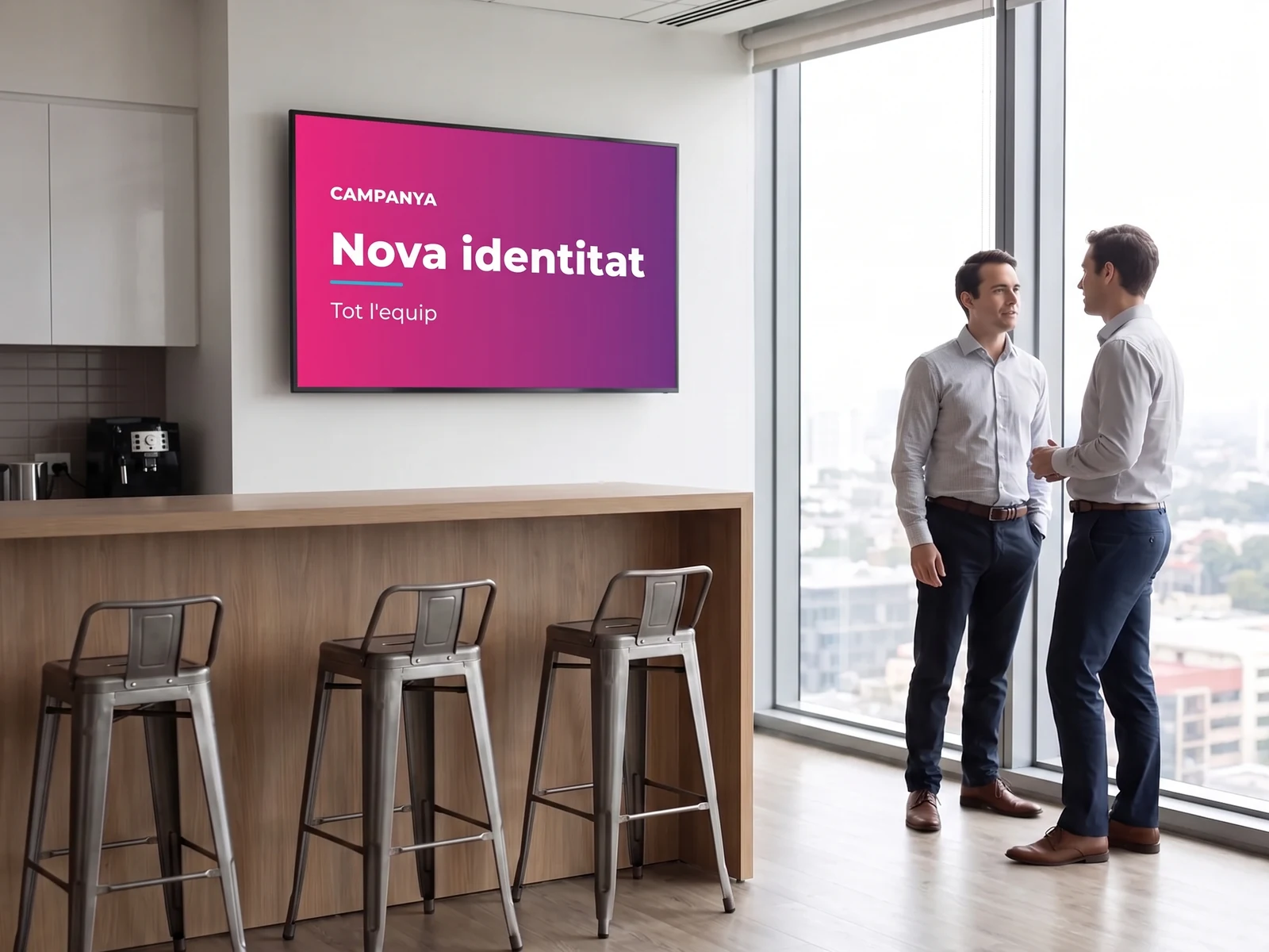 Pantalla sobre la barra de la sala de descans d'una empresa, amb una campanya interna sobre una nova identitat de marca