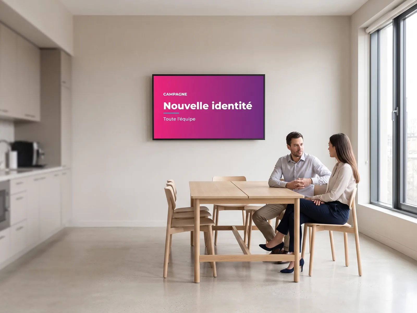 &Eacute;cran mural dans une salle de pause d'entreprise diffusant une campagne de communication interne
