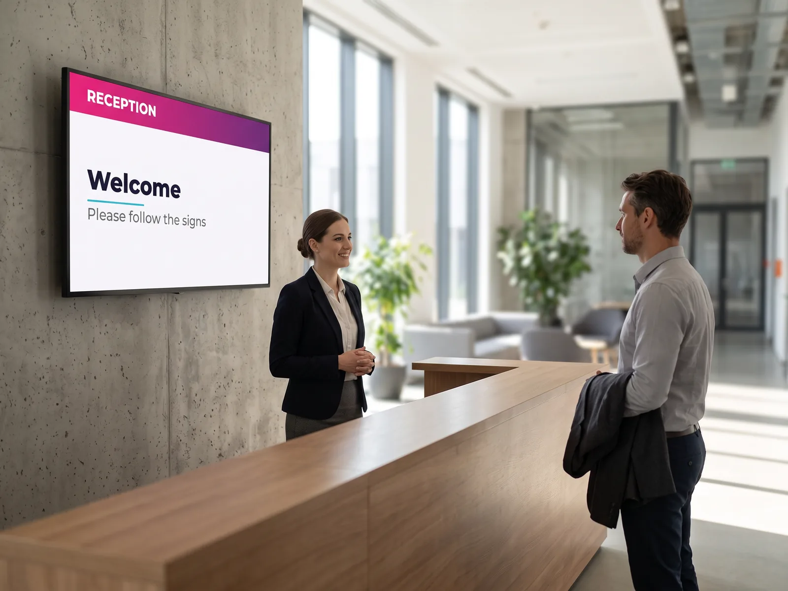 Screen beside the welcome desk of an office reception, showing a welcome message and wayfinding