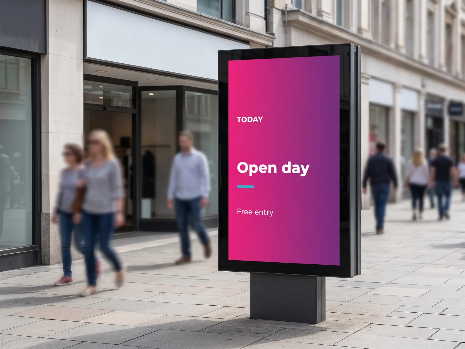 Freestanding digital totem on a pedestrian street, announcing an open day with free entry