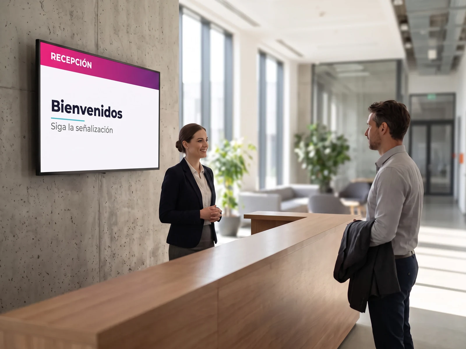 Pantalla junto al mostrador de recepción de una oficina, con un mensaje de bienvenida y la señalización de las salas