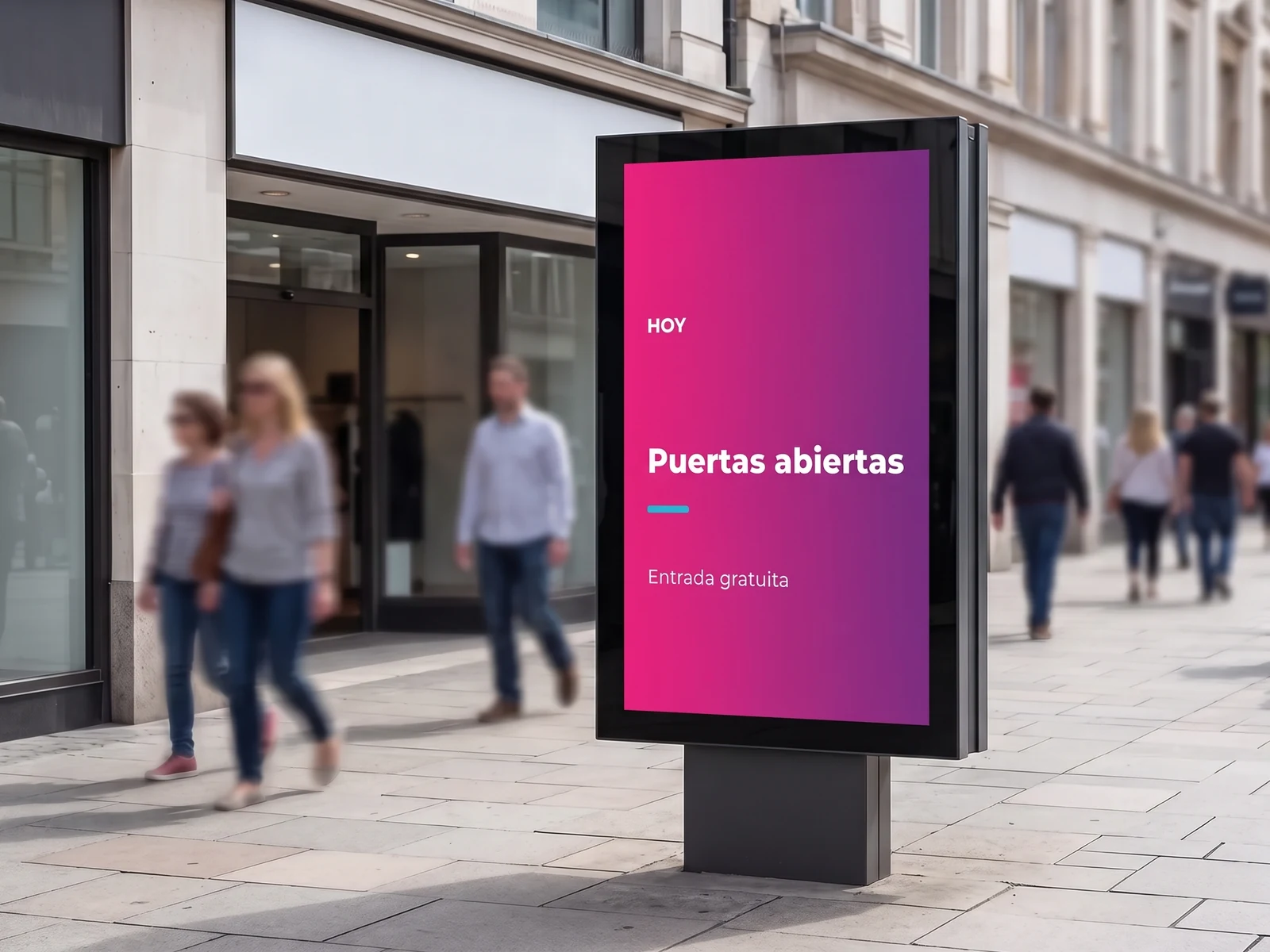 Tótem digital autoportante en una calle peatonal, que anuncia unas jornadas de puertas abiertas con entrada gratuita
