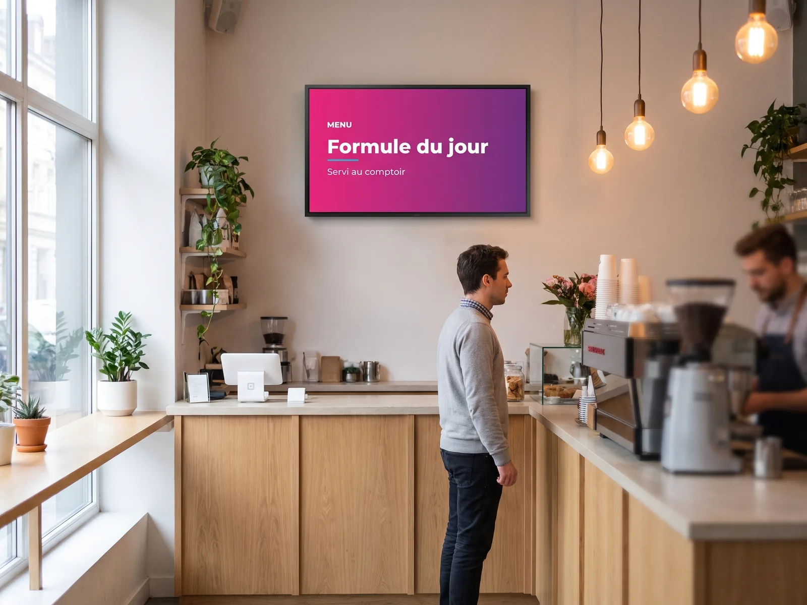 &Eacute;cran mural au-dessus du comptoir d'un caf&eacute;, annon&ccedil;ant la formule du jour servie au comptoir