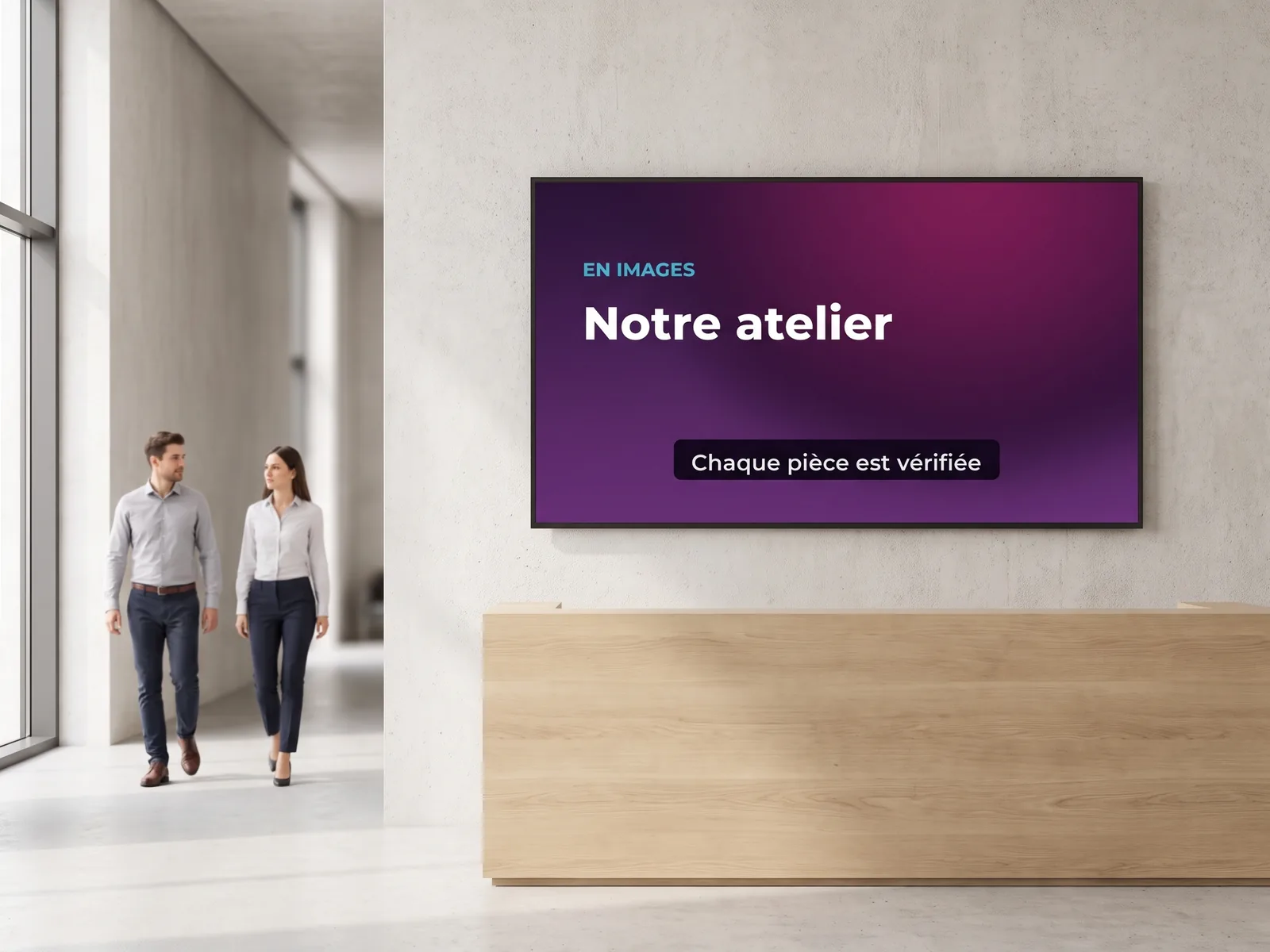 &Eacute;cran mural dans le hall d'accueil d'une entreprise, diffusant une vid&eacute;o courte sous-titr&eacute;e qui pr&eacute;sente l'atelier