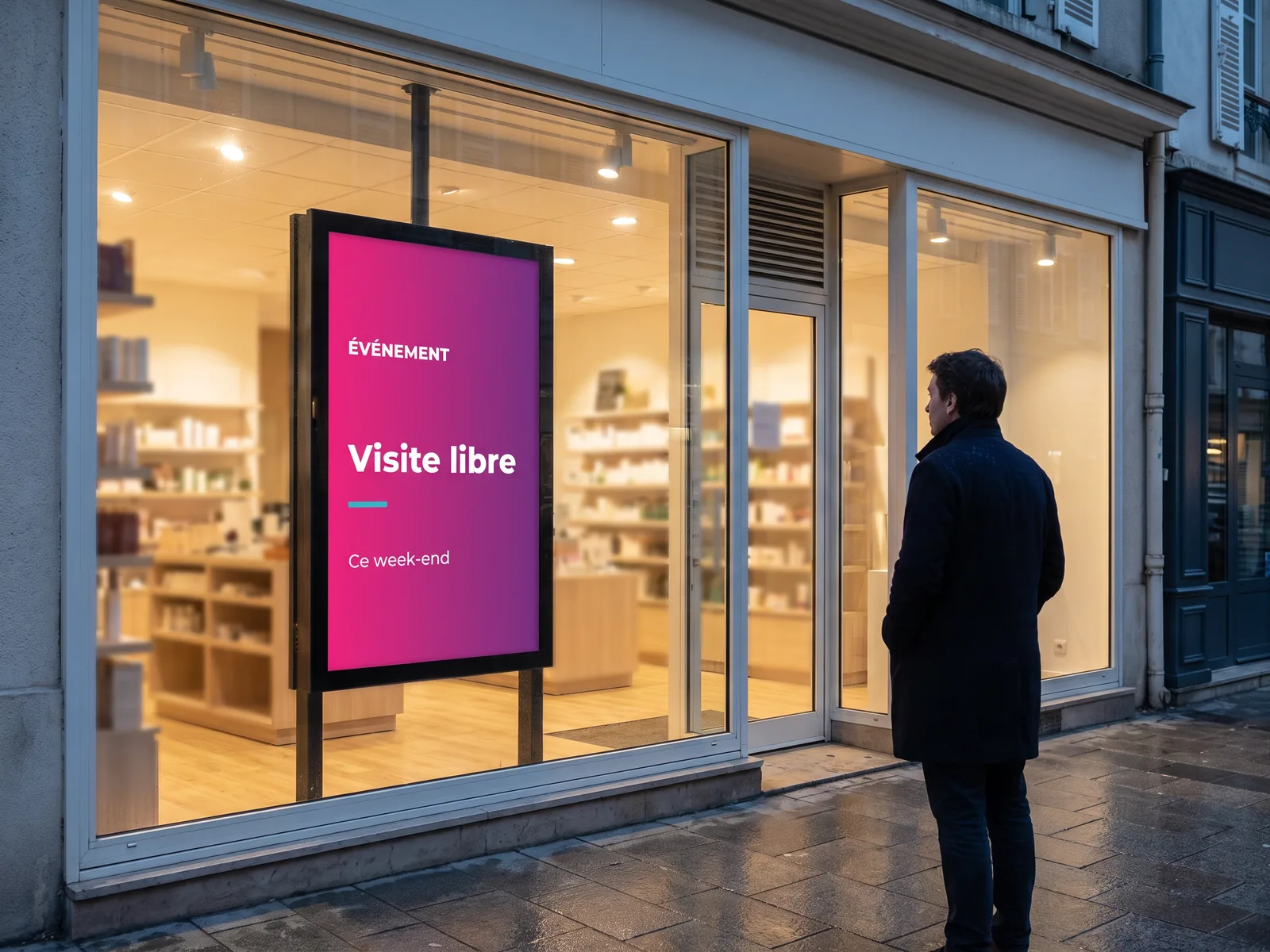 &Eacute;cran portrait install&eacute; en vitrine d'un commerce, annon&ccedil;ant un &eacute;v&eacute;nement en fin de journ&eacute;e