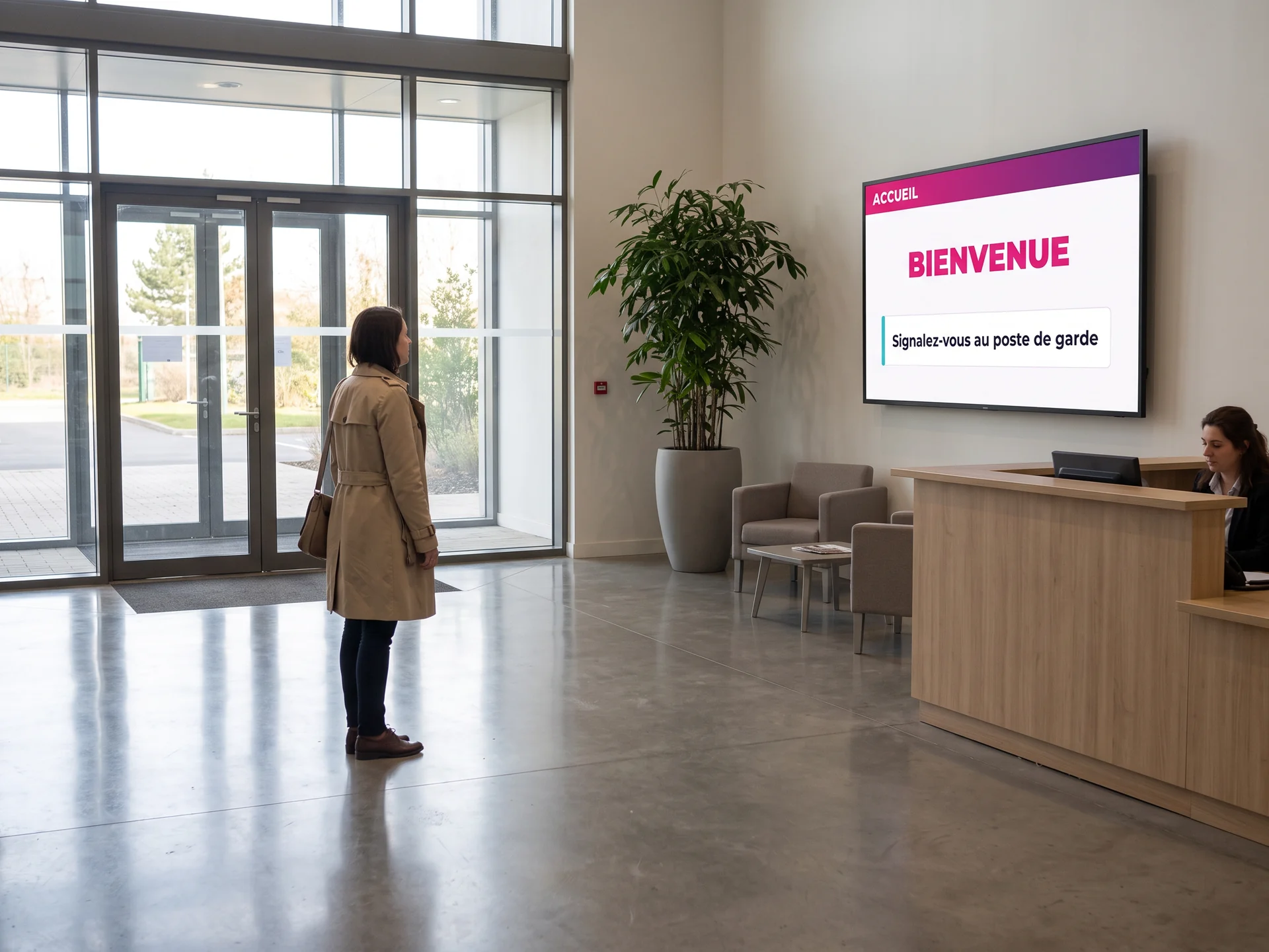 Hall d'entrée d'un site industriel : une visiteuse lit un écran mural qui affiche un message de bienvenue et la consigne de se signaler au poste de garde