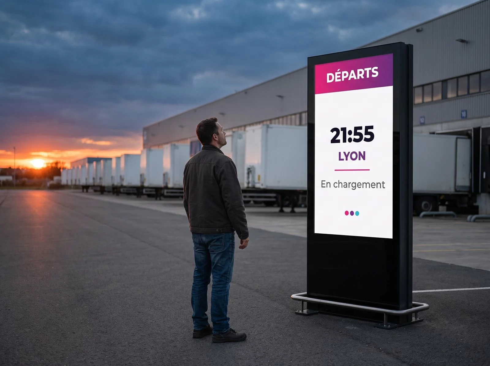 Chauffeur poids lourd devant un totem extérieur affichant l'heure de départ, la destination et le statut de son chargement