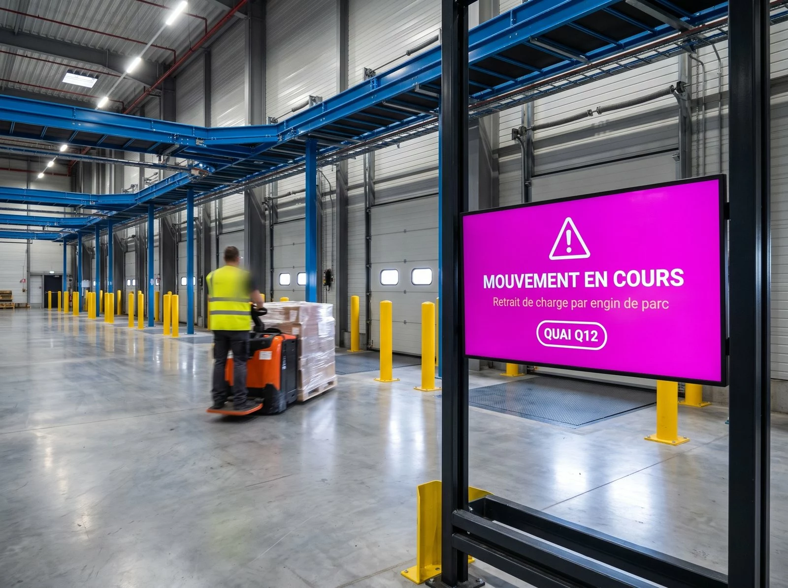Écran de quai basculé en alerte pendant qu'un cariste manœuvre un transpalette dans la halle