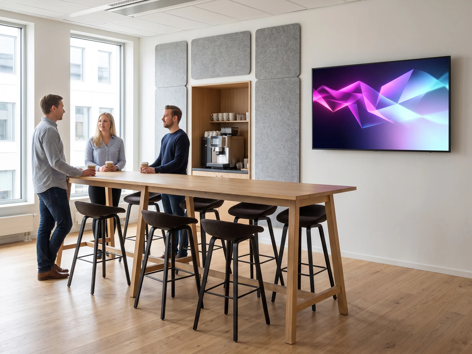 Trois coll&egrave;gues discutent autour d&rsquo;une table haute dans un espace de pause, un &eacute;cran mural diffuse une &oelig;uvre num&eacute;rique g&eacute;om&eacute;trique