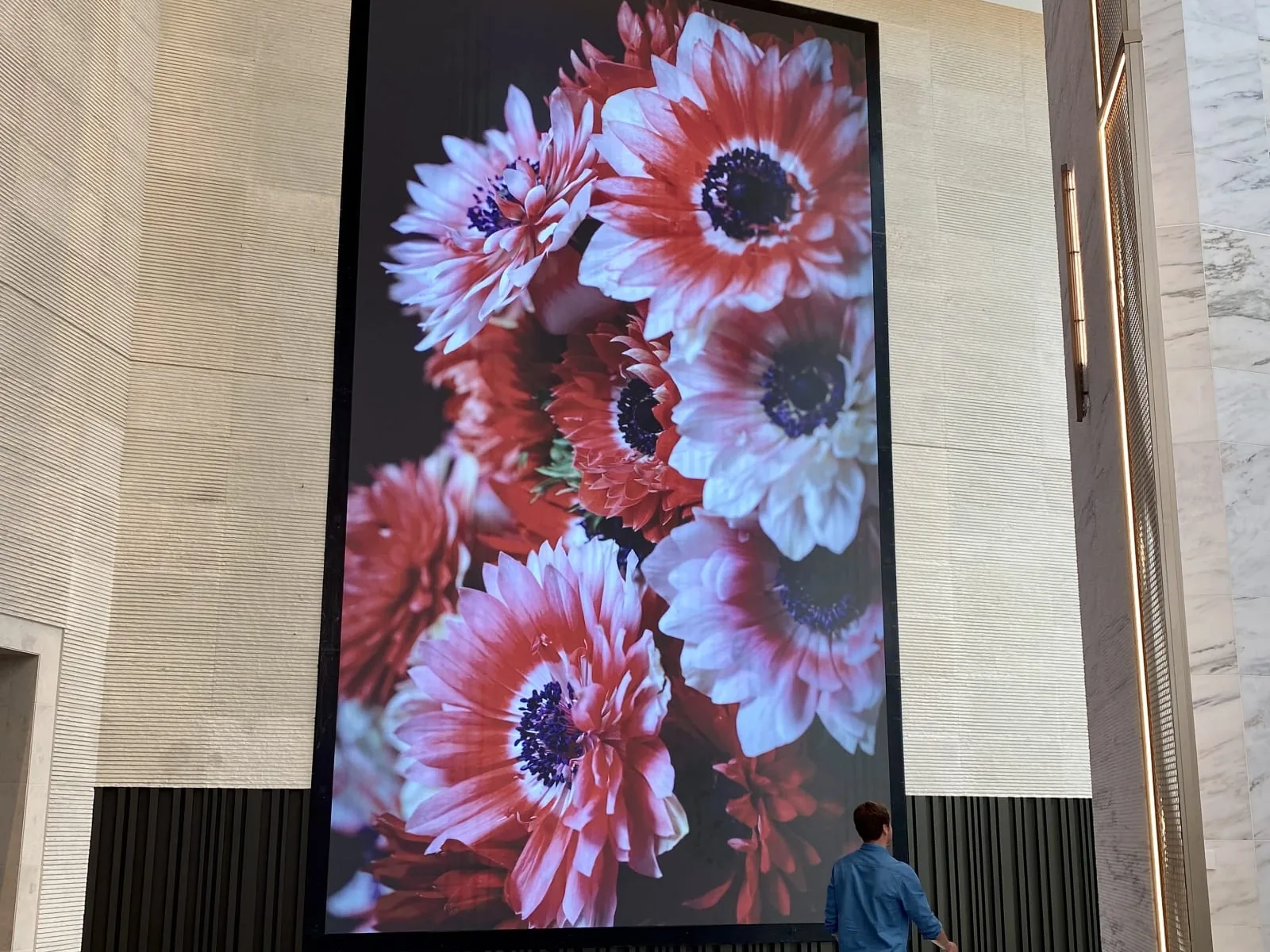 &Eacute;cran vertical de plusieurs m&egrave;tres diffusant une &oelig;uvre florale dans le hall de marbre d&rsquo;une tour de bureaux