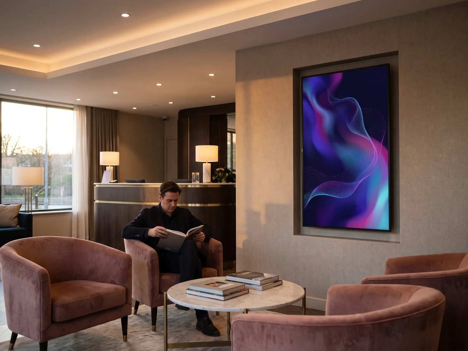 &Eacute;cran vertical diffusant une &oelig;uvre num&eacute;rique abstraite dans le lobby d&rsquo;un h&ocirc;tel, un client install&eacute; dans un fauteuil au premier plan