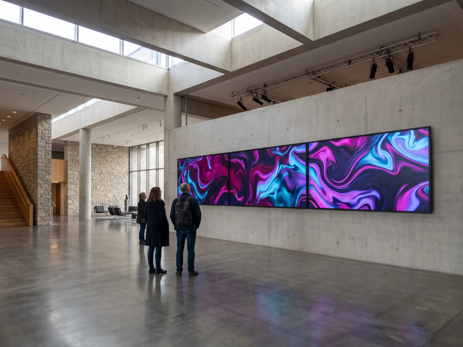 Trois &eacute;crans align&eacute;s formant un mur d&rsquo;images dans un grand foyer, diffusant une m&ecirc;me &oelig;uvre num&eacute;rique continue