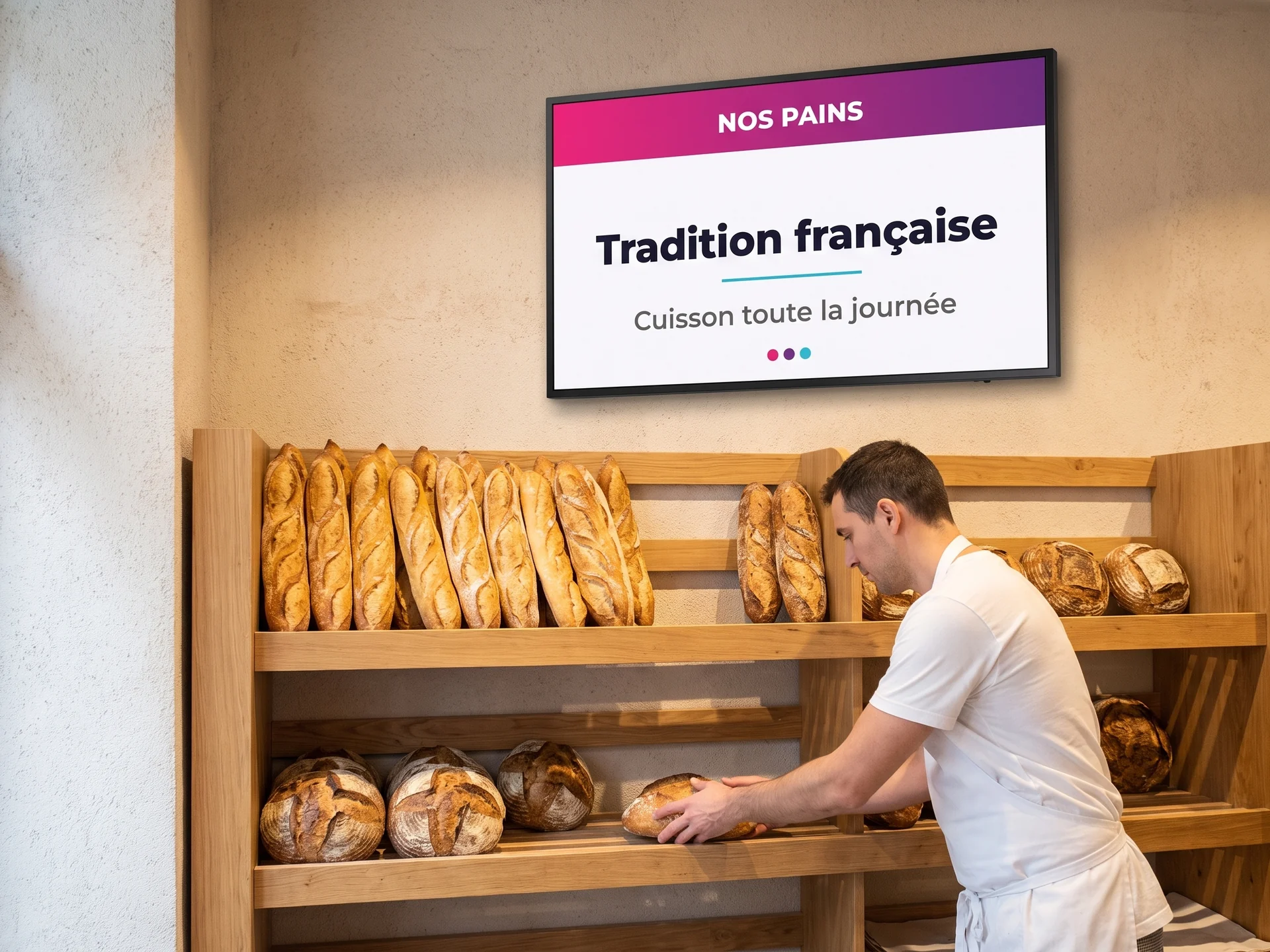 Boulanger rangeant des pains sous un écran mural annonçant les pains de tradition